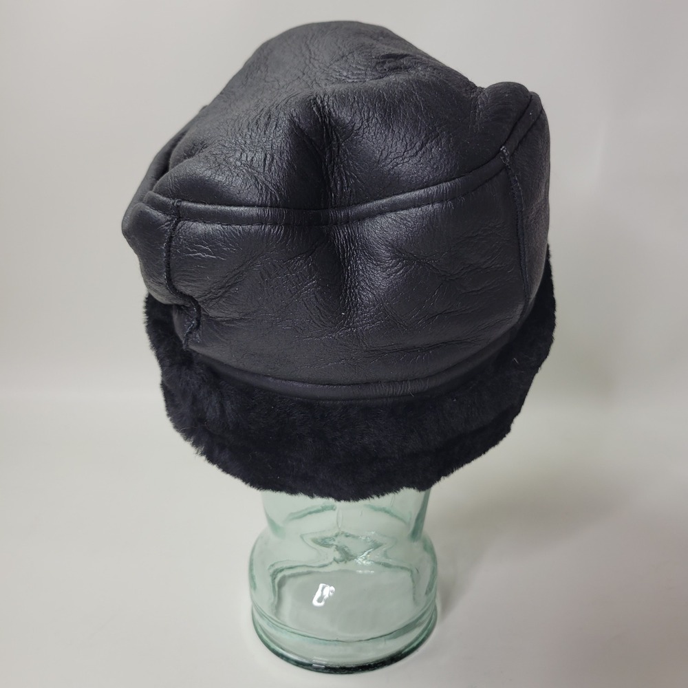 Black Sheepskin Leather Cossack Hat Shearling Trim Winter Pillbox Cap Medium - Picture 3 of 7